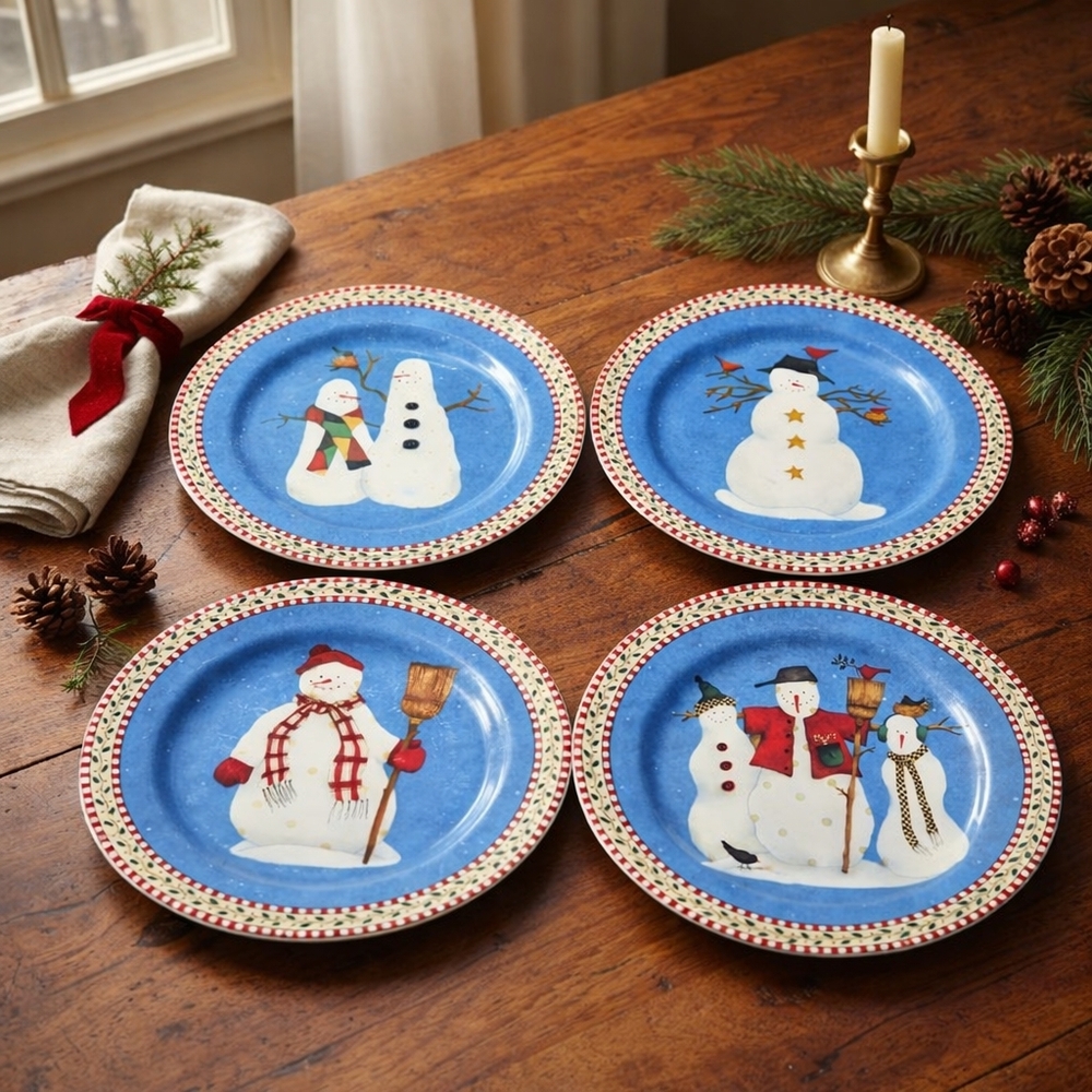 Debbie Mumm Snowman Salad Plates Set of 4 | Sakura 1998 Vintage Christmas